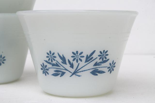 photo of vintage Fire King Anchor Hocking blue corn flower milk glass casserole dish & ramekins #9