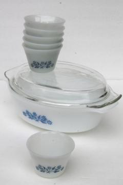 catalog photo of vintage Fire King Anchor Hocking blue corn flower milk glass casserole dish & ramekins