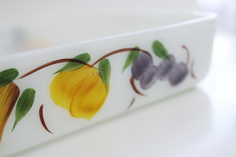 photo of vintage Fire King Anchor Hocking milk glass baking pan w/ hand painted fruit #5