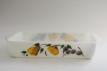 catalog photo of vintage Fire King Anchor Hocking milk glass baking pan w/ hand painted fruit