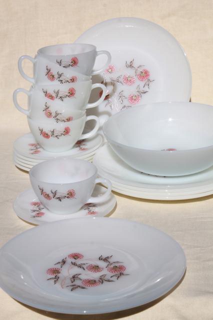 photo of vintage Fire King Fleurette pink flowers milk glass dishes, dinner plates, cups & saucers #1