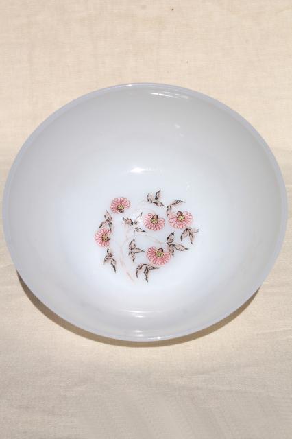 photo of vintage Fire King Fleurette pink flowers milk glass dishes, dinner plates, cups & saucers #3