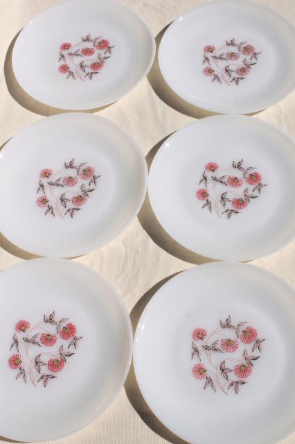 photo of vintage Fire King Fleurette pink flowers milk glass dishes, dinner plates, cups & saucers #6