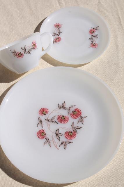 photo of vintage Fire King Fleurette pink flowers milk glass dishes, dinner plates, cups & saucers #9