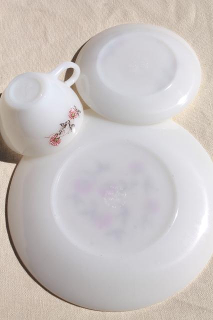 photo of vintage Fire King Fleurette pink flowers milk glass dishes, dinner plates, cups & saucers #10