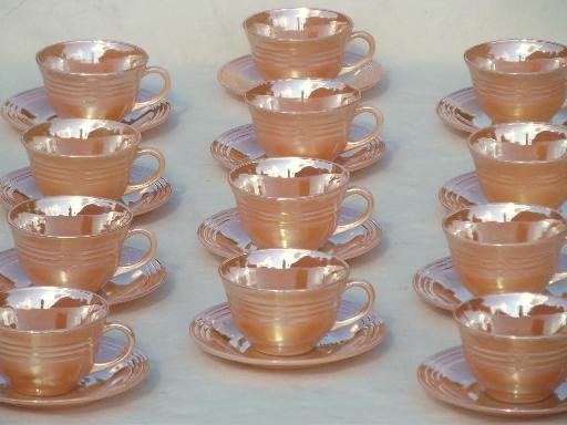 photo of vintage Fire King copper tint peach luster glass cups saucers set of 12 #1