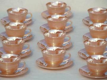 catalog photo of vintage Fire King copper tint peach luster glass cups saucers set of 12