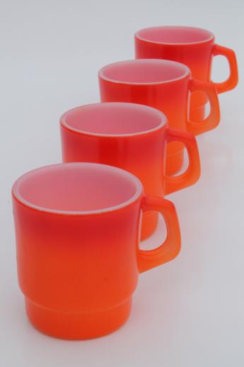 photo of vintage Fire King glass coffee mugs, flame orange red shaded color white glass cups #1