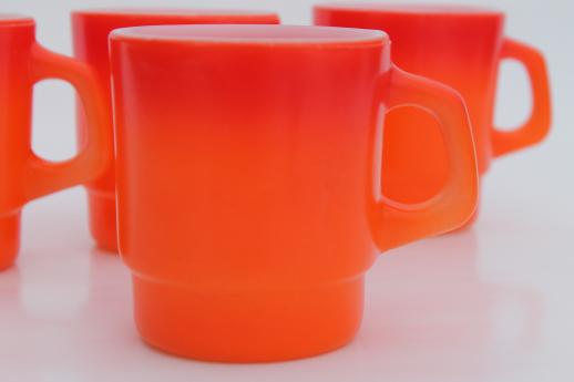 photo of vintage Fire King glass coffee mugs, flame orange red shaded color white glass cups #3