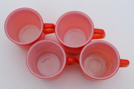photo of vintage Fire King glass coffee mugs, flame orange red shaded color white glass cups #5
