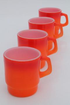 catalog photo of vintage Fire King glass coffee mugs, flame orange red shaded color white glass cups