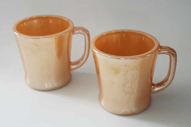 photo of vintage Fire King glass peach luster mugs, D handle coffee cups retro diner style #1