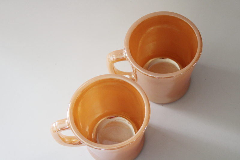 photo of vintage Fire King glass peach luster mugs, D handle coffee cups retro diner style #2