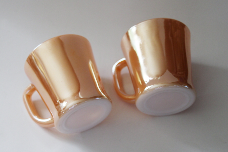 photo of vintage Fire King glass peach luster mugs, D handle coffee cups retro diner style #3