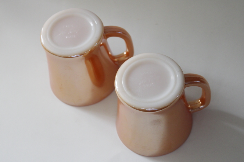 photo of vintage Fire King glass peach luster mugs, D handle coffee cups retro diner style #4
