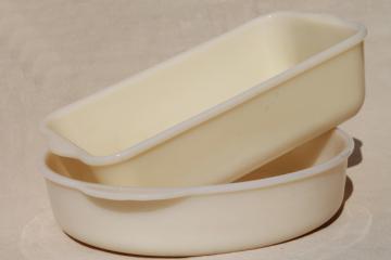 catalog photo of vintage Fire King ivory custard glass loaf & cake pans, oven proof kitchen glassware