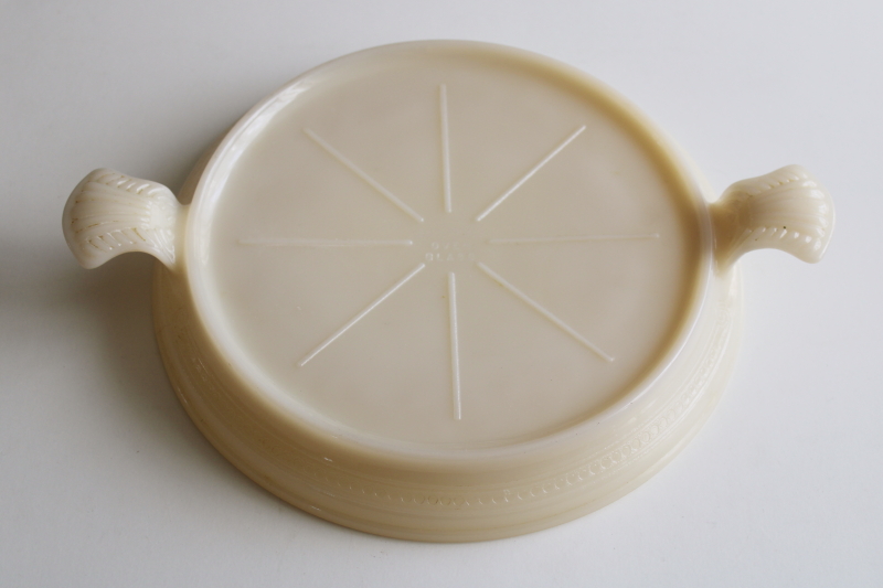 photo of vintage Fire King ivory milk glass trivet, round casserole stand with tray handles  #1