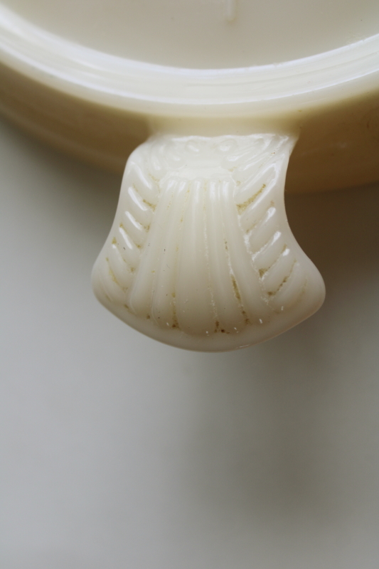 photo of vintage Fire King ivory milk glass trivet, round casserole stand with tray handles  #4