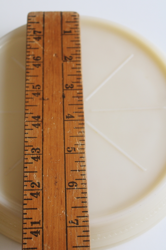 photo of vintage Fire King ivory milk glass trivet, round casserole stand with tray handles  #5