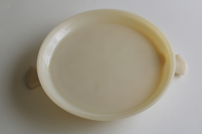 photo of vintage Fire King ivory milk glass trivet, round casserole stand with tray handles  #6