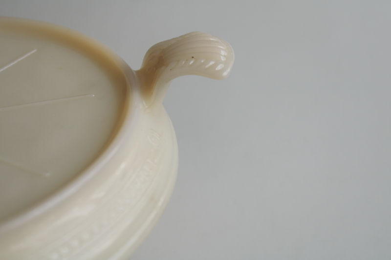 photo of vintage Fire King ivory milk glass trivet, round casserole stand with tray handles  #8