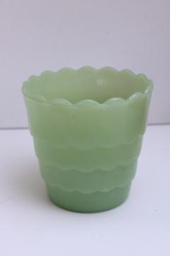 catalog photo of vintage Fire King jadeite jadite green glass flower pot, scalloped planter pot 