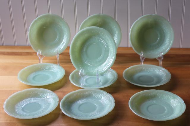 photo of vintage Fire King jadeite saucer plates, Alice pattern flowers jadite dishes #1