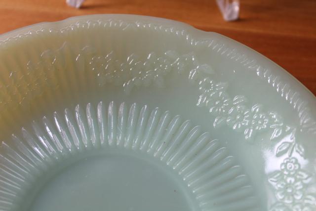 photo of vintage Fire King jadeite saucer plates, Alice pattern flowers jadite dishes #3