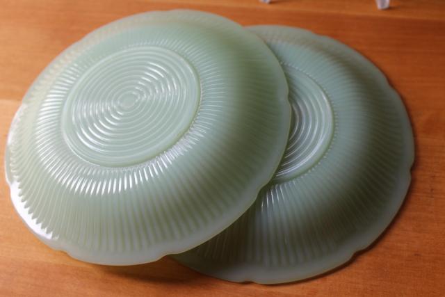 photo of vintage Fire King jadeite saucer plates, Alice pattern flowers jadite dishes #4