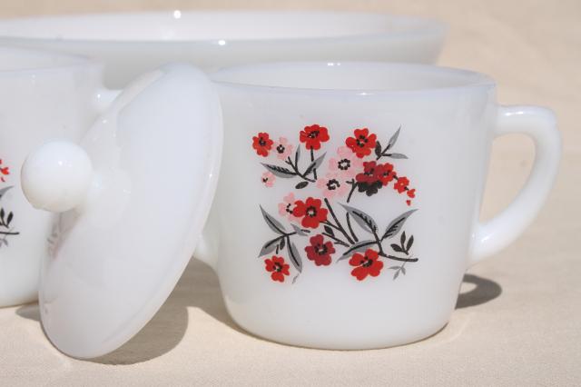 photo of vintage Fire King milk glass Primrose pink flowers, platter, serving bowl, cream & sugar #5
