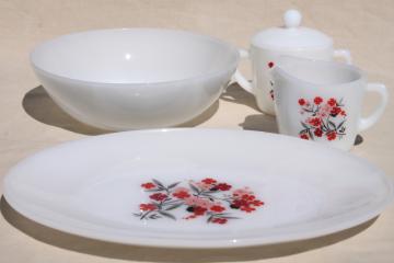 catalog photo of vintage Fire King milk glass Primrose pink flowers, platter, serving bowl, cream & sugar