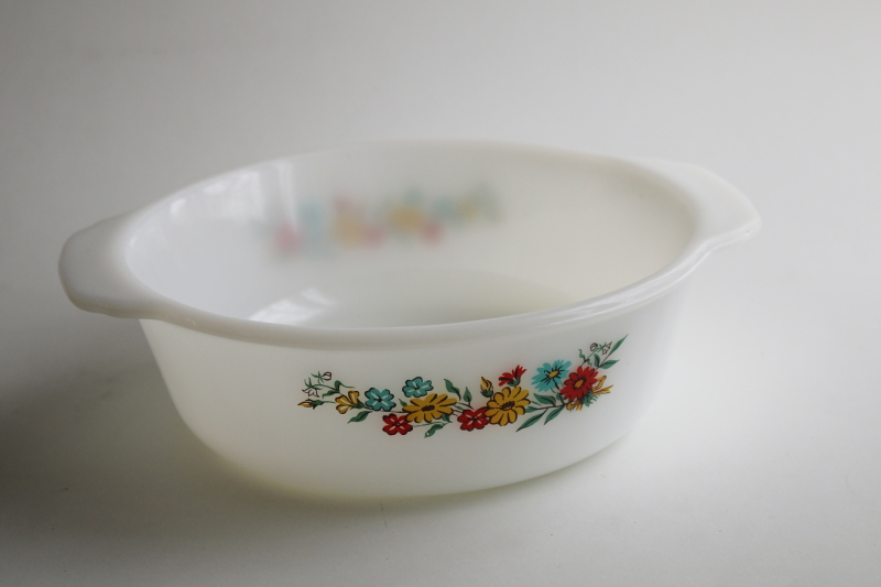 photo of vintage Fire King milk glass Spring Wreath pattern casserole baking dish #1