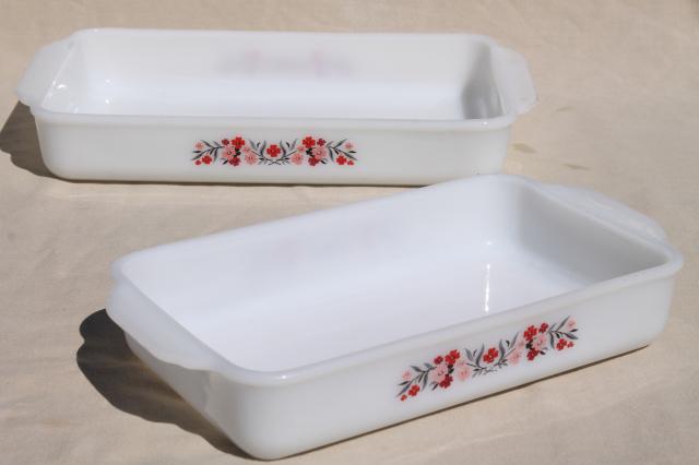 photo of vintage Fire King milk glass baking pans, kitchen utility ware Primrose pink flowers #1