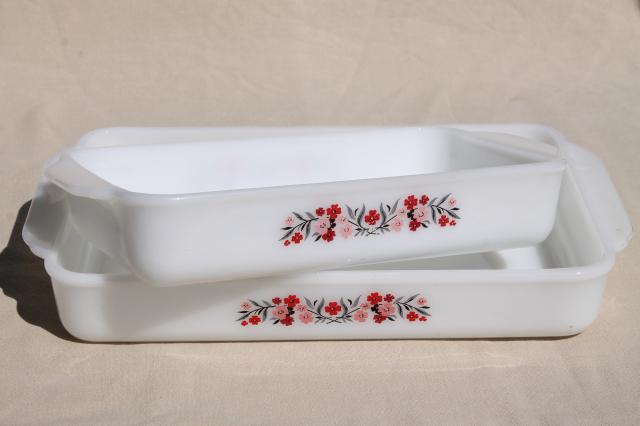 photo of vintage Fire King milk glass baking pans, kitchen utility ware Primrose pink flowers #3