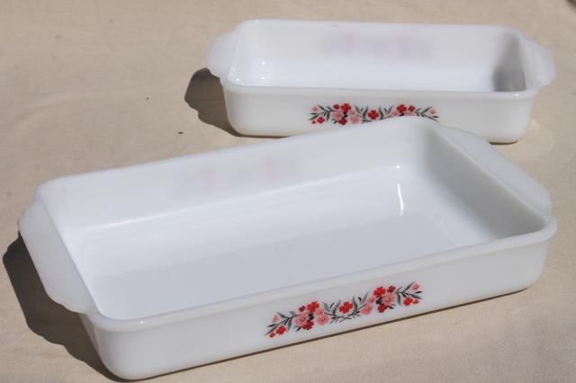 photo of vintage Fire King milk glass baking pans, kitchen utility ware Primrose pink flowers #7