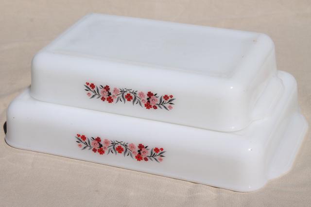 photo of vintage Fire King milk glass baking pans, kitchen utility ware Primrose pink flowers #10