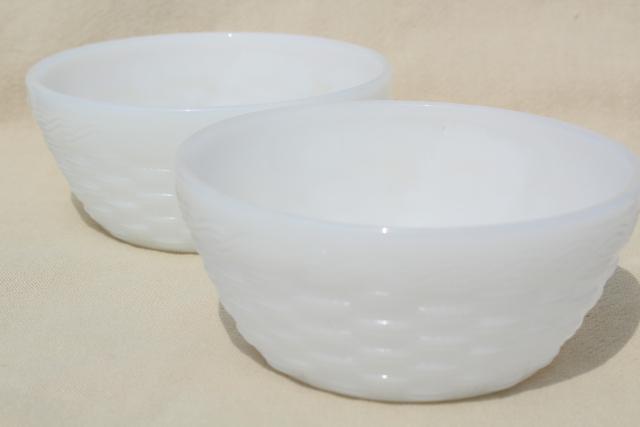 photo of vintage Fire King milk glass cereal bowls, basketweave texture pattern #2