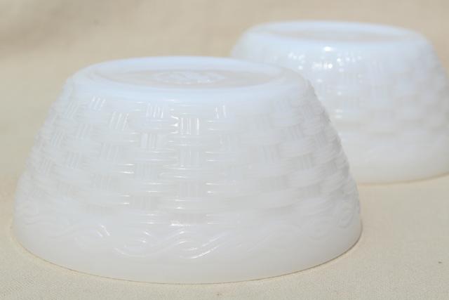 photo of vintage Fire King milk glass cereal bowls, basketweave texture pattern #4