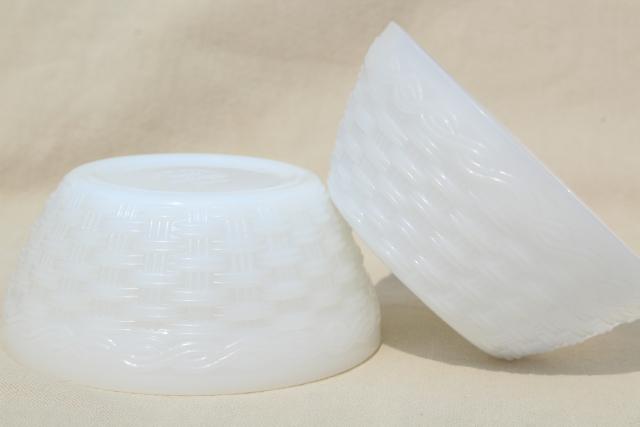 photo of vintage Fire King milk glass cereal bowls, basketweave texture pattern #5