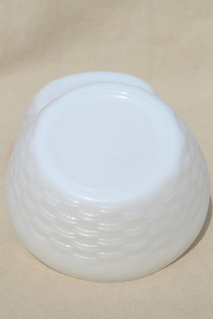 photo of vintage Fire King milk glass cereal bowls, basketweave texture pattern #7