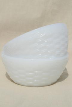 catalog photo of vintage Fire King milk glass cereal bowls, basketweave texture pattern