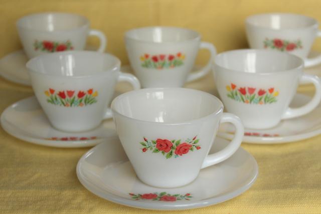 photo of vintage Fire King milk glass cups and saucers, tulips & pink roses flower prints #3