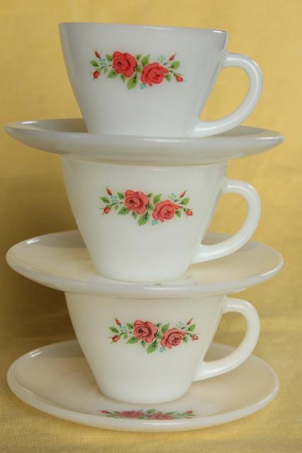 photo of vintage Fire King milk glass cups and saucers, tulips & pink roses flower prints #6