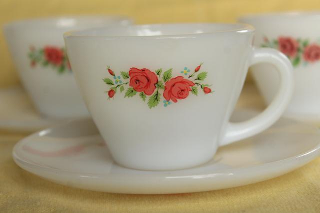 photo of vintage Fire King milk glass cups and saucers, tulips & pink roses flower prints #7