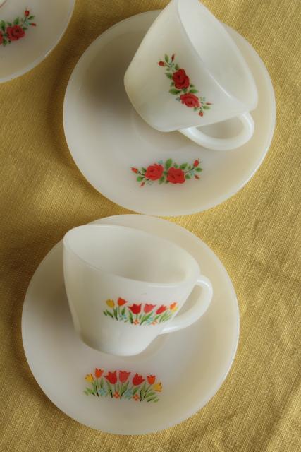 photo of vintage Fire King milk glass cups and saucers, tulips & pink roses flower prints #8
