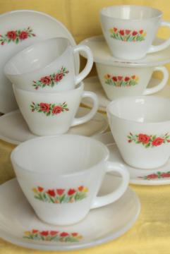 catalog photo of vintage Fire King milk glass cups and saucers, tulips & pink roses flower prints