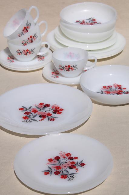 photo of vintage Fire King milk glass dinnerware set for 4, Primrose pink flowers cottage chic #1