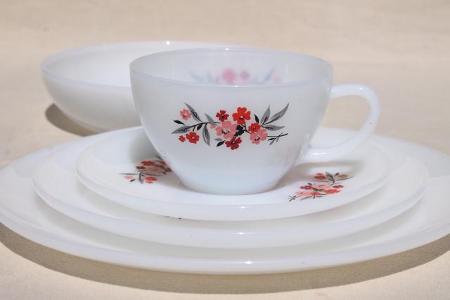 photo of vintage Fire King milk glass dinnerware set for 4, Primrose pink flowers cottage chic #3