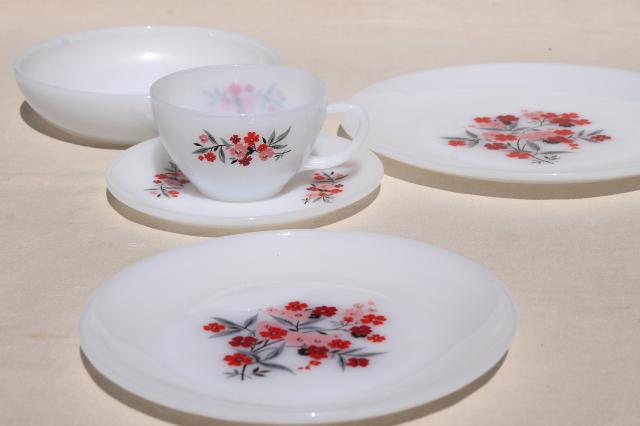 photo of vintage Fire King milk glass dinnerware set for 4, Primrose pink flowers cottage chic #4