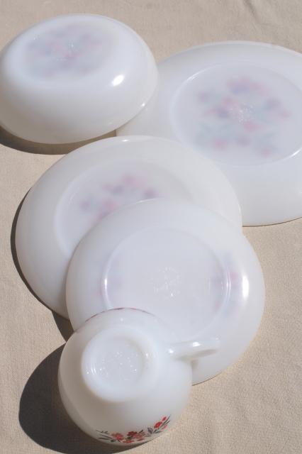 photo of vintage Fire King milk glass dinnerware set for 4, Primrose pink flowers cottage chic #8